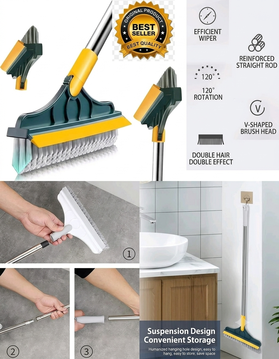 2-in-1 Bathroom Tile & Floor Cleaning Brush with Wiper – 120° Rotating Long Handle Scrubber