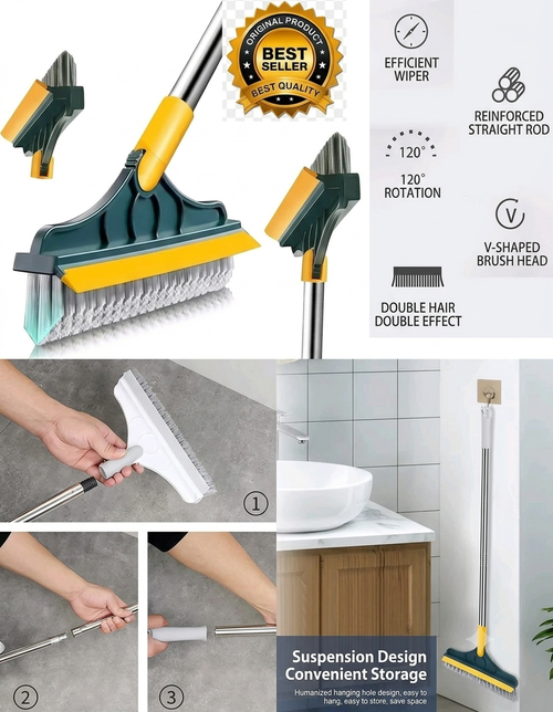 2-in-1 Bathroom Tile & Floor Cleaning Brush with Wiper – 120° Rotating Long Handle Scrubber
