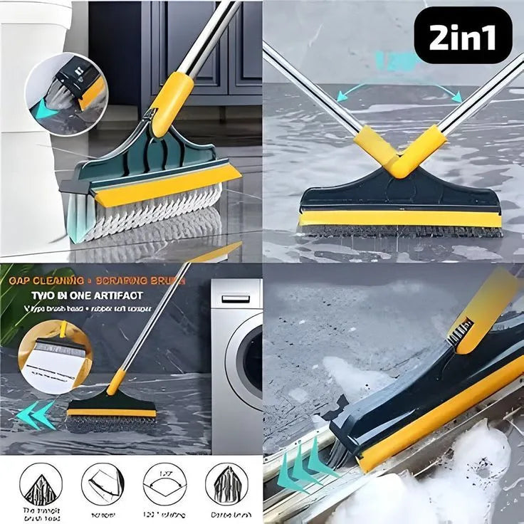 2-in-1 Bathroom Tile & Floor Cleaning Brush with Wiper – 120° Rotating Long Handle Scrubber