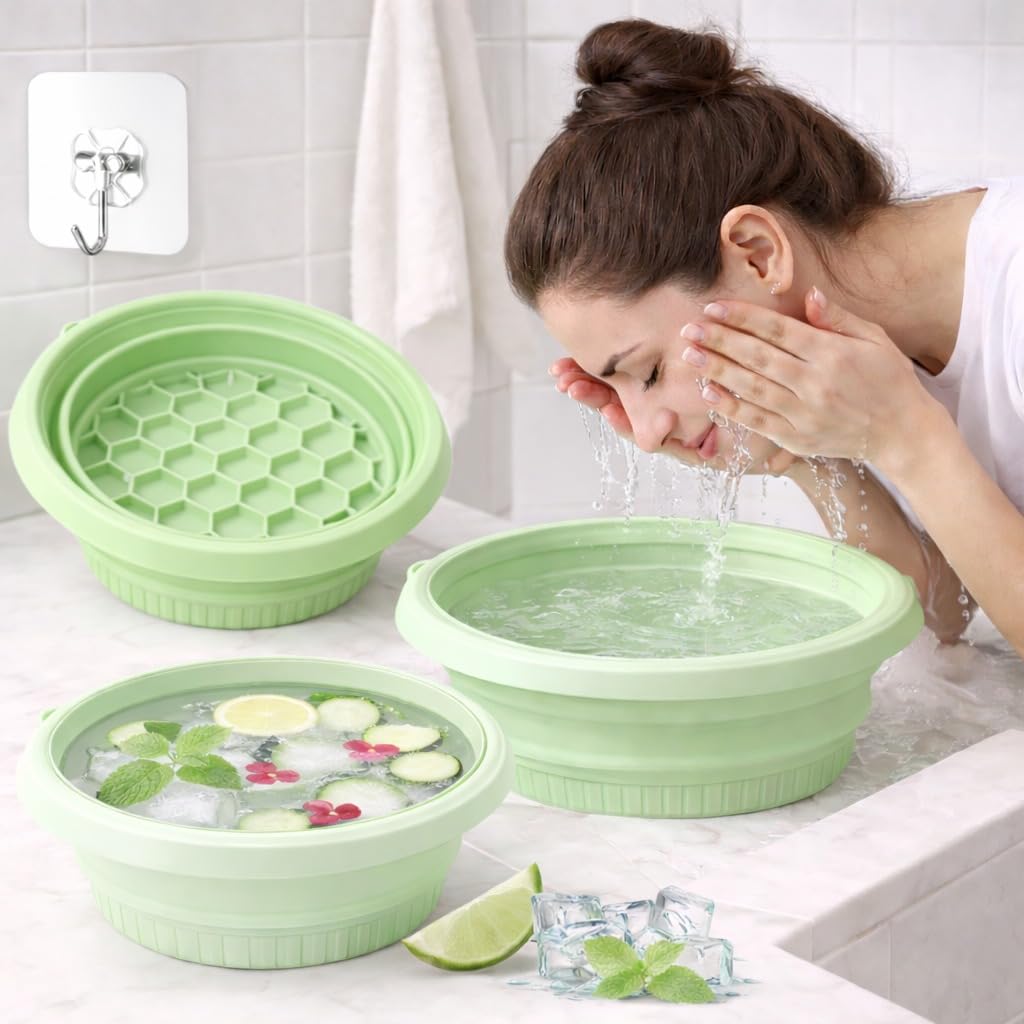 (1 pic Hook) with Silicone Face Bowl for Ice with Built-in Icetray, Collapsible Face Tub for Ice Bath, Facial Ice Plunge Bowl, Ice Water Facials at Home Black