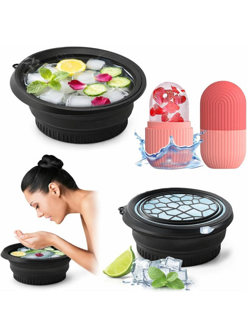 (1 pic Hook) with Silicone Face Bowl for Ice with Built-in Icetray, Collapsible Face Tub for Ice Bath, Facial Ice Plunge Bowl, Ice Water Facials at Home Black
