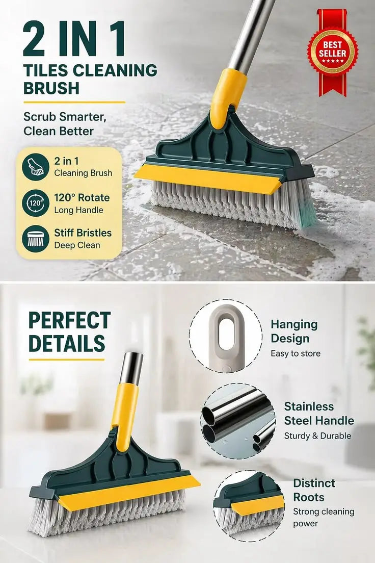2-in-1 Bathroom Tile & Floor Cleaning Brush with Wiper – 120° Rotating Long Handle Scrubber