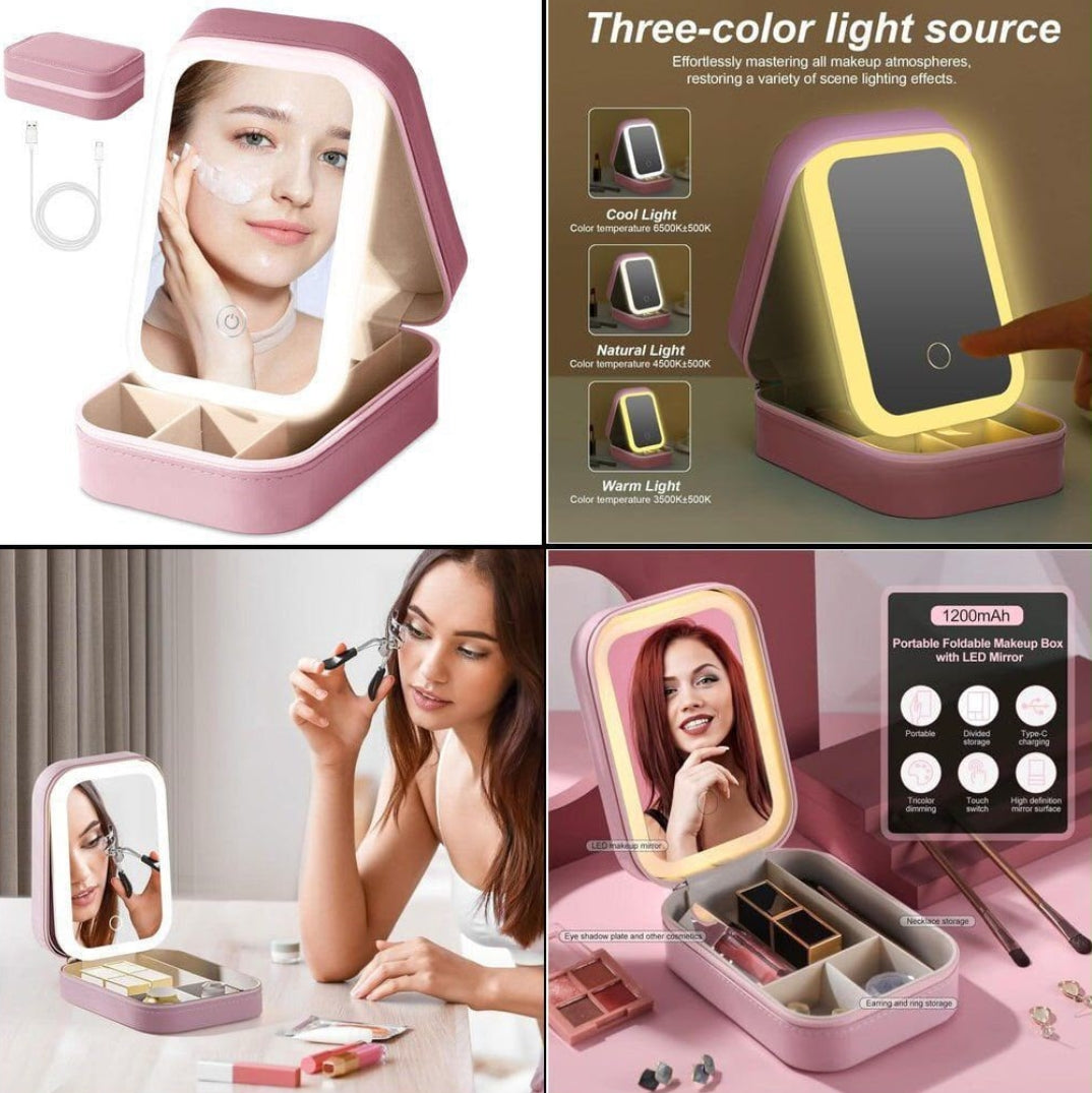 LED Mirror Makeup Storage Box – Rechargeable Vanity Organizer