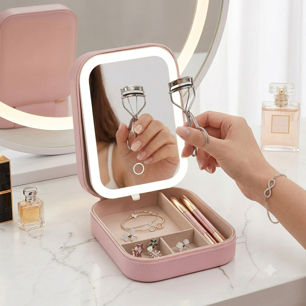 LED Mirror Makeup Storage Box – Rechargeable Vanity Organizer