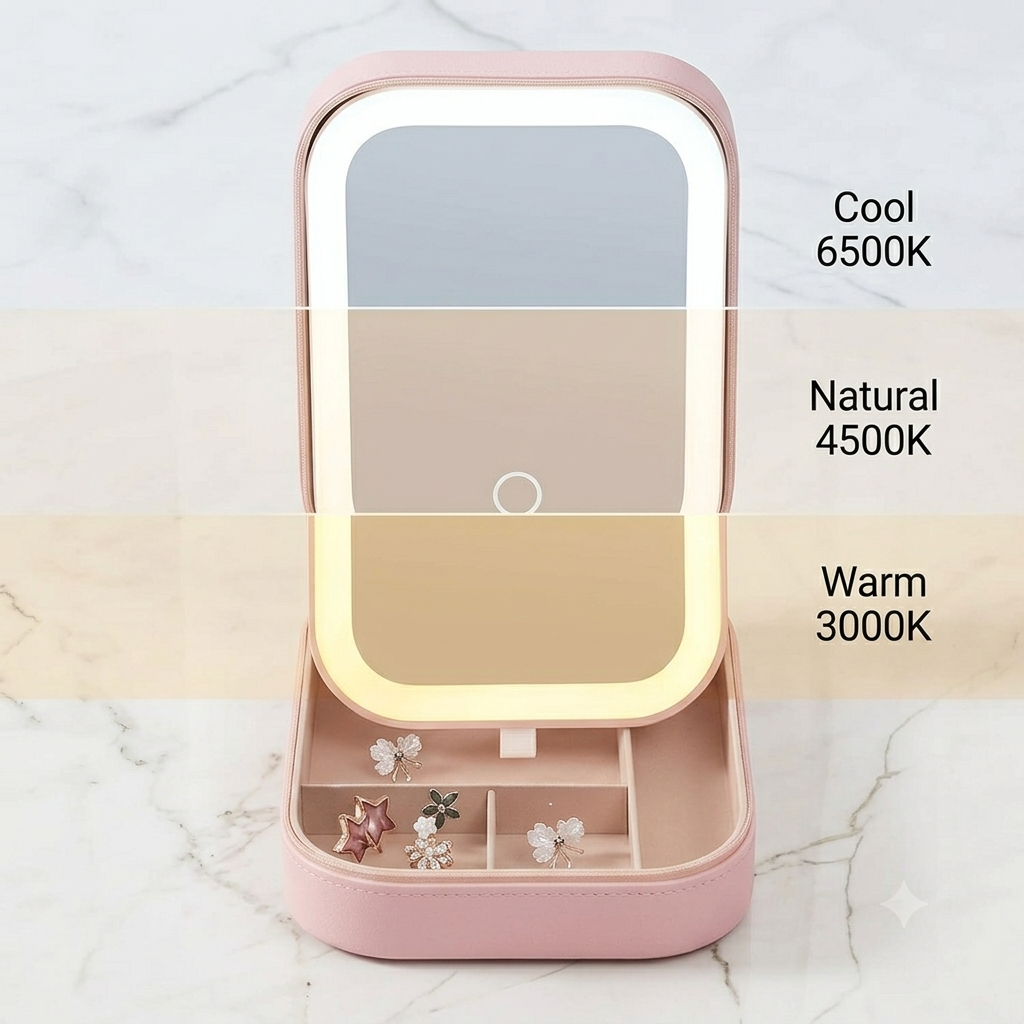 LED Mirror Makeup Storage Box – Rechargeable Vanity Organizer