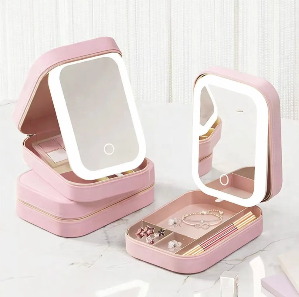 LED Mirror Makeup Storage Box – Rechargeable Vanity Organizer