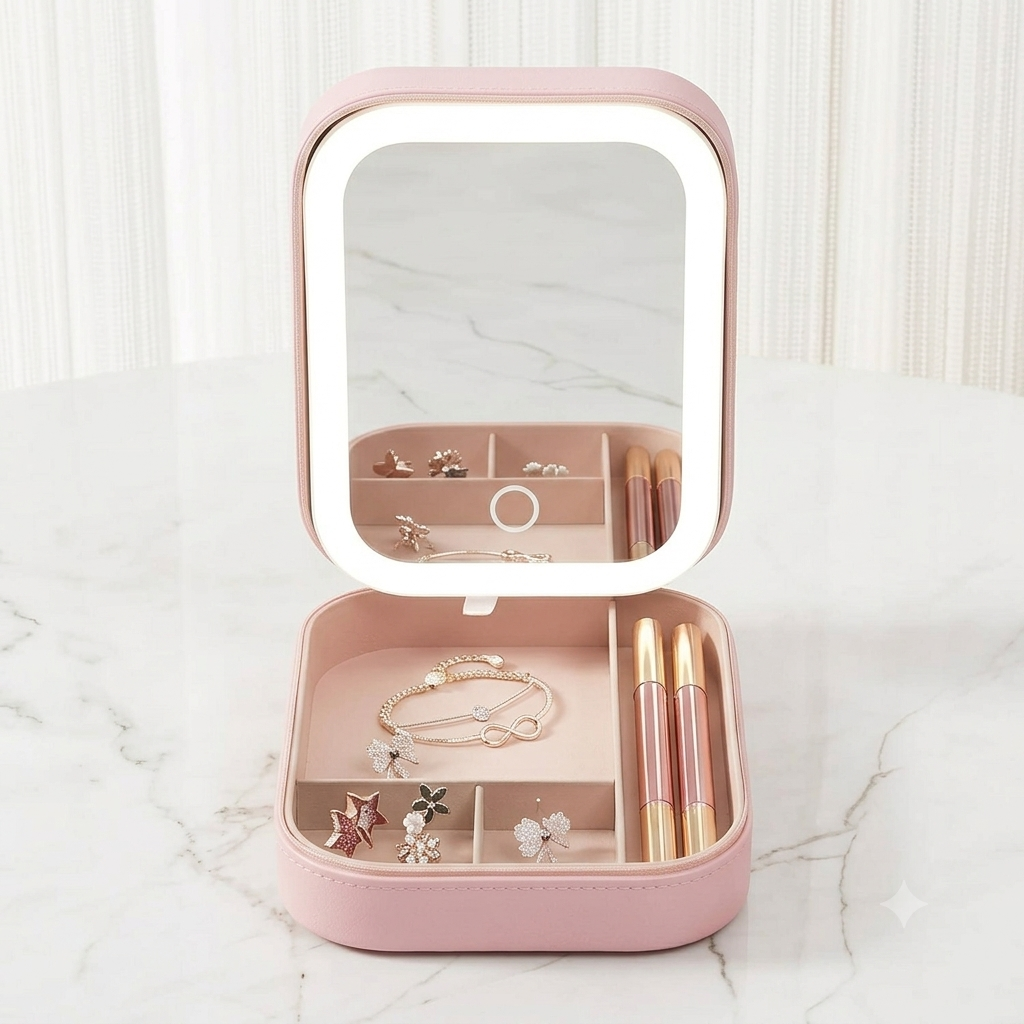 LED Mirror Makeup Storage Box – Rechargeable Vanity Organizer