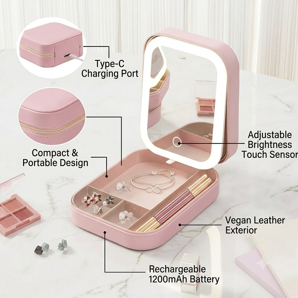 LED Mirror Makeup Storage Box – Rechargeable Vanity Organizer